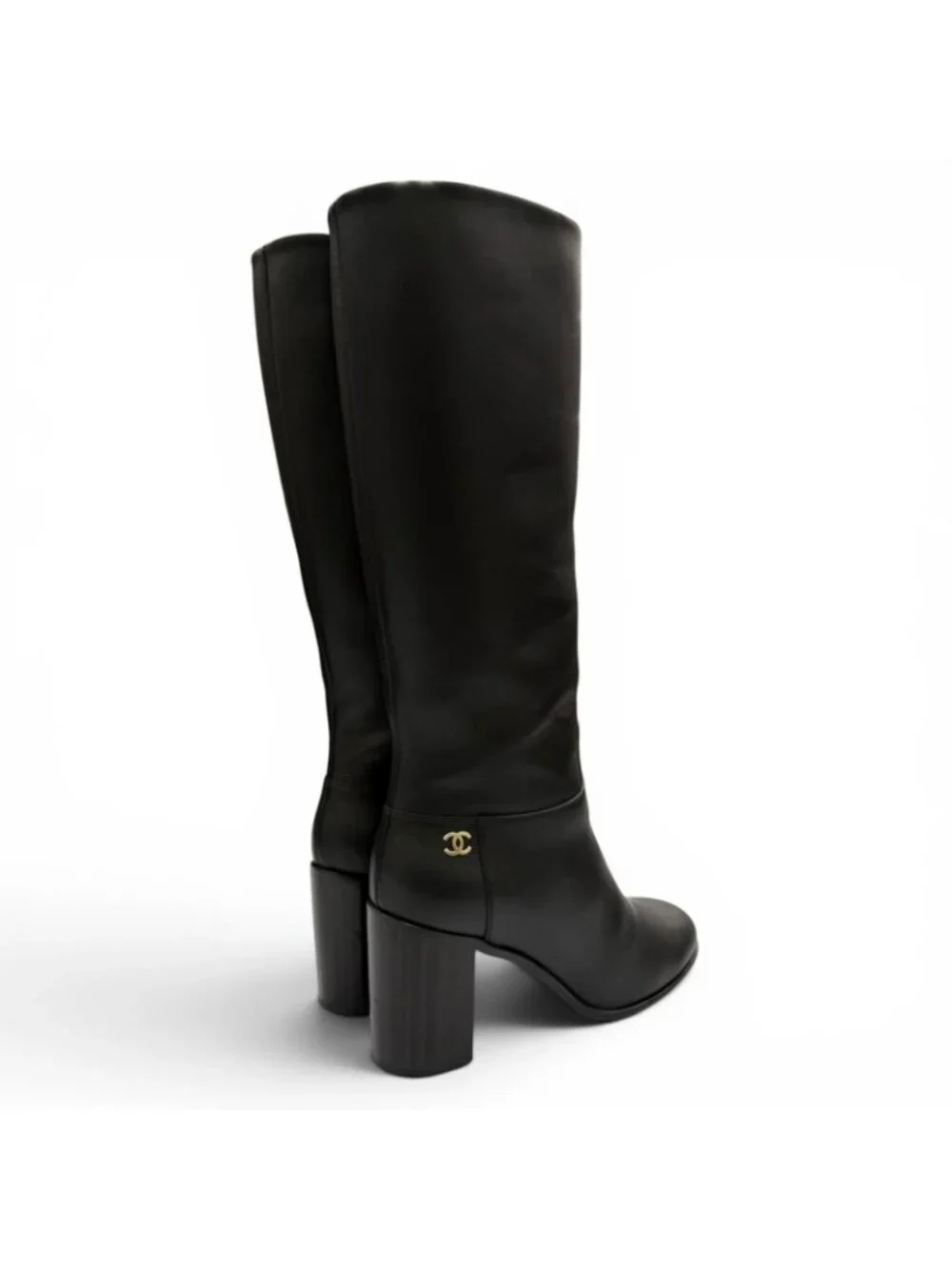 Chanel CC Logo Leather Long Boots Black Gold